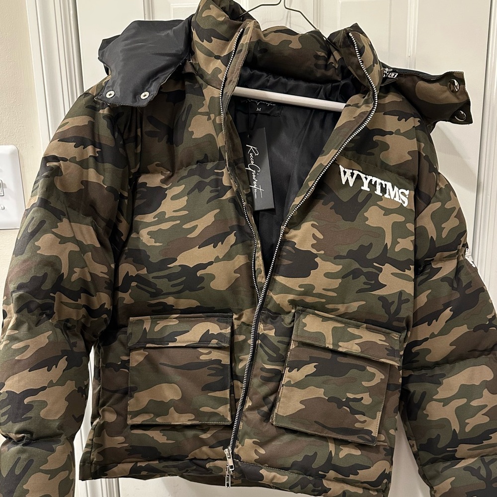 Green and Brown Camouflage Puffer Jacket with Hood